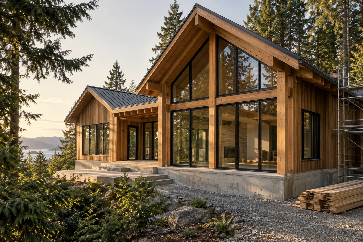 Warm cedar cladding and precise timber framing on a contemporary home surrounded by evergreens